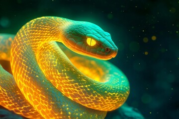 Coiled Snake with Glowing Scales in Two Tones of Yellow and Green