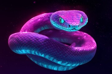 Fototapeta premium Glowing Snake Coiled in a Tight Spiral with Two-Tone Purple and Teal Scales