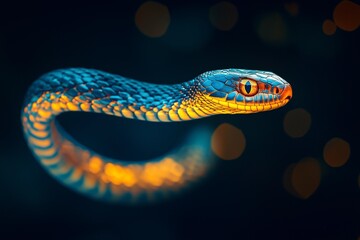 Fototapeta premium Glowing Snake's Tail in Motion with Two-Tone Blue and Yellow Scales