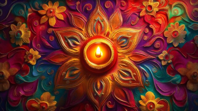 Intricate Rangoli with Glowing Diya
