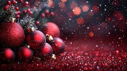 Sparkling red and gold Christmas ornaments scattered on a glittering surface with snowflakes falling softly in a festive setting
