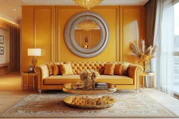 Elegant living room with yellow tones and stylish decor.