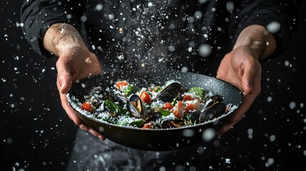 Chef Sprinkling Salt on Delicious Mussels Dish