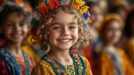 Fototapeta premium Young girl smiling in colorful traditional attire with floral crown.