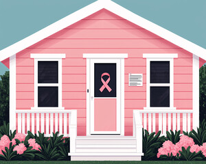 Charming pink house with a breast cancer awareness ribbon and vibrant flowers, symbolizing hope and support for the cause.