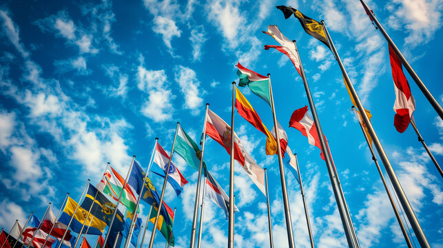 International flags waving against a blue sky, symbolizing global unity and cooperation