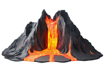 Erupting volcano with lava flowing down sides, png, isolated on white background, full depth of field