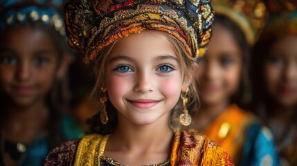 Fototapeta premium A smiling girl in traditional attire with vibrant colors and accessories.