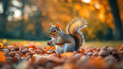 Obraz premium Playful squirrel gathering acorns in a park