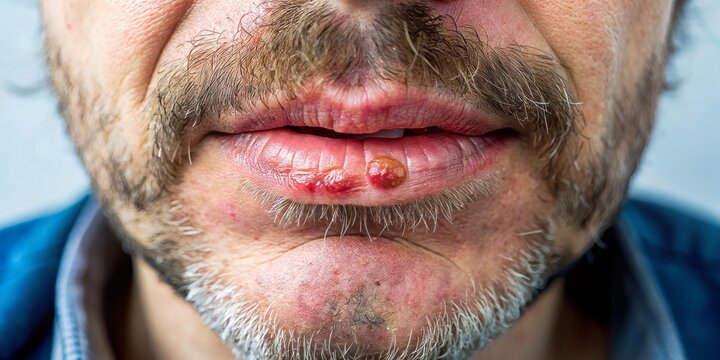 A red rash encircles the outer lip, evidence of a persistent cold sore that refuses to be tamed,