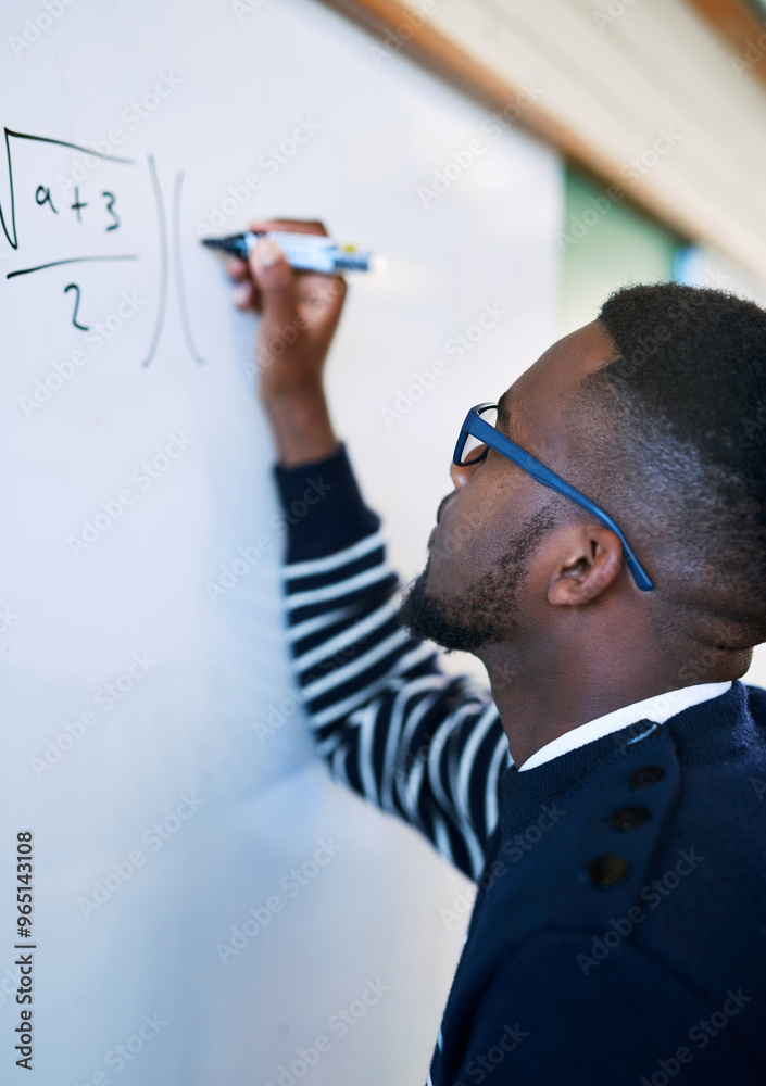Poster university, class and teacher writing on whiteboard for math lesson, learning and examination. educa
