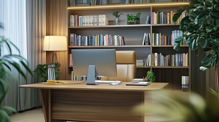 Professional office with desk, computer, and bookshelf