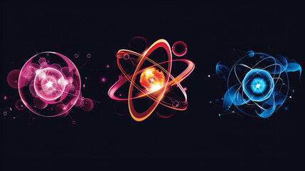Three colorful atom models representing different atomic structures and energy concepts