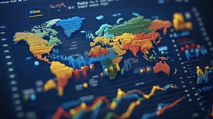 Colorful world map with data visualization elements for analytics and business insights. Perfect for educational and marketing use.