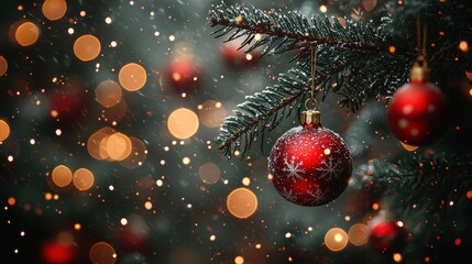 Sparkling red ornaments hang delicately on a Christmas tree, illuminated by soft, glowing lights during a winter evening