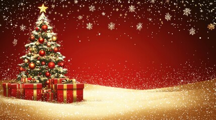 A decorated Christmas tree with snowflakes and gifts on a red background during the holiday season, creating a festive atmosphere