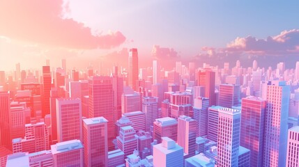Obraz premium Modern Urban Skyline at Sunset, Vibrant Digital Illustration of Futuristic Cityscape
