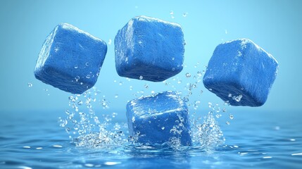 Four blue ice cubes splashing into water, creating dynamic ripples and a refreshing visual effect, perfect for summer themes.