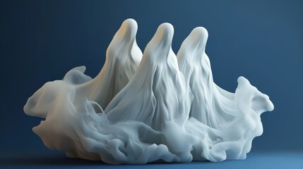 Fototapeta premium Ethereal sculpture depicting three ghostly figures emerging from a misty base, evoking mystery and tranquility.