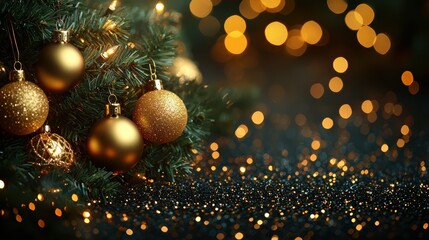 Decorative golden ornaments on a Christmas tree with warm bokeh lights during the holiday season