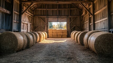 Rustic barn with hay bales and wooden beams