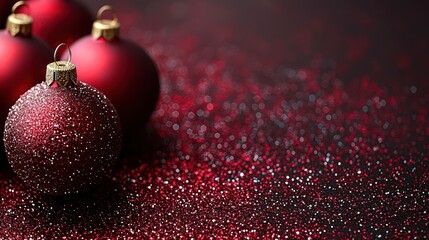 Shimmering red Christmas ornaments on a sparkling background create a festive atmosphere during the holiday season