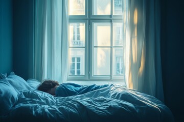 A person lying face down on the bed