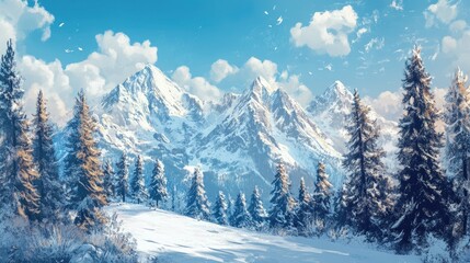 Fototapeta premium Snow-covered mountain landscape with pine trees -