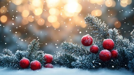 Festive red ornaments resting among frosted evergreen branches during a snowy winter day with soft golden light in the background