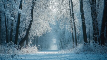 Snowy forest with trees covered in ice