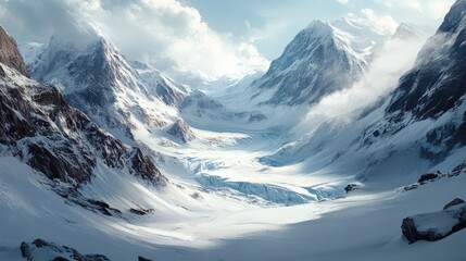 Snowy mountain landscape with glaciers