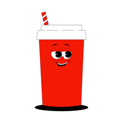 Funky red drink glass character with straw in trendy retro groovy style. Psychedelic fast food mascot with face. Cool vector sticker on transparent background