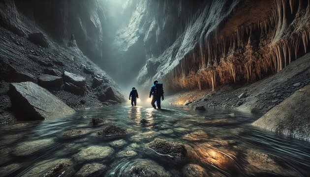 Two explorers wading through a shallow underground river, surrounded by narrow cave walls.