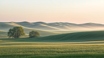 Fototapeta premium A serene landscape of rolling hills at dawn, the soft morning li