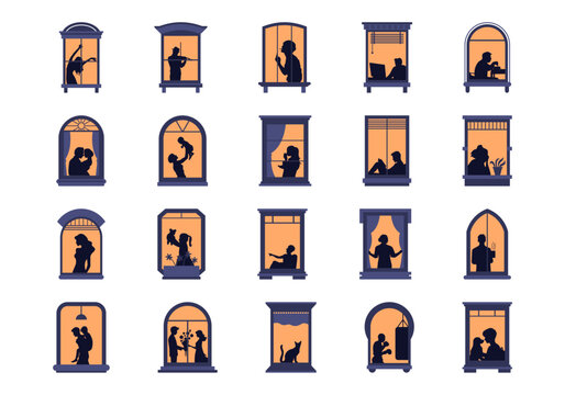 People Window Silhouettes Lighting in Night House