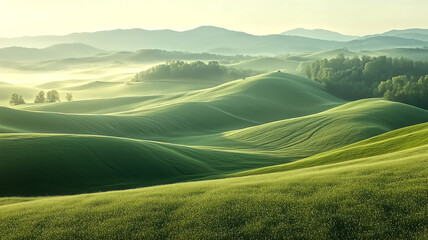 Obraz premium A serene landscape of rolling hills at dawn, the soft morning li