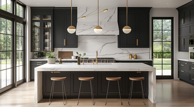 modern kitchen interior with table, modern kitchen interior, kitchen interior with fireplace, kitchen interior, A sleek, modern kitchen with black cabinets and white marble accents