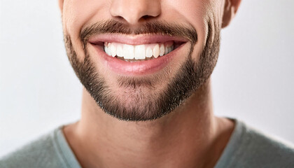 Radiant Caucasian male smile with perfect white teeth against solid white background