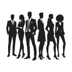 silhouettes of men and a women, a group of business people, black color isolated on white background ,flat line vector and illustration.