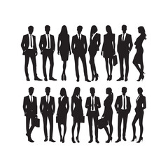 silhouettes of men and a women, a group of business people, black color isolated on white background ,flat line vector and illustration.