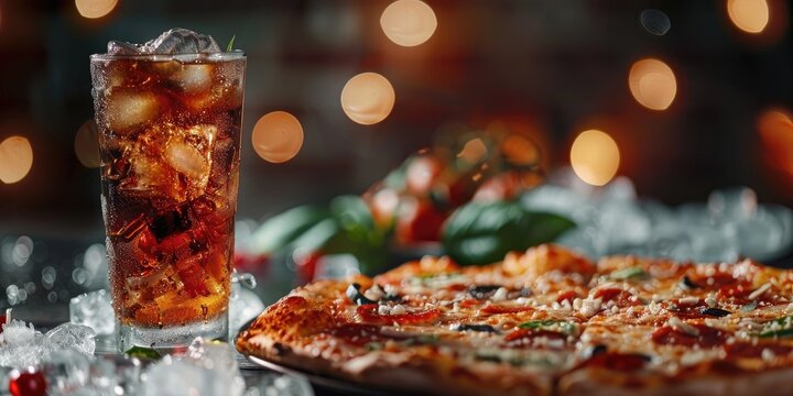 Delicious pizza with soda served over ice