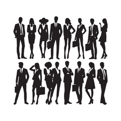 silhouettes of men and a women, a group of business people, black color isolated on white background ,flat line vector and illustration.