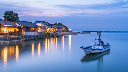 A peaceful seaside town in Japan at twilight, with waves gently lapping against the shore. The town is illuminated by the soft glow of lanterns hanging outside traditional wooden houses.