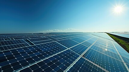 A solar panel field with a bright blue sky