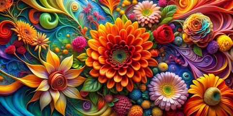 A Colorful Symphony of Flowers in a Whirlwind of Abstract Design, Flower Arrangement, Artistic Design, Digital Art
