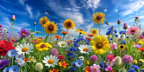 A Field of Vibrant Blooms Under a Summer Sky, Sunflowers, Wildflowers, Butterflies, Field, Summer, Flowers