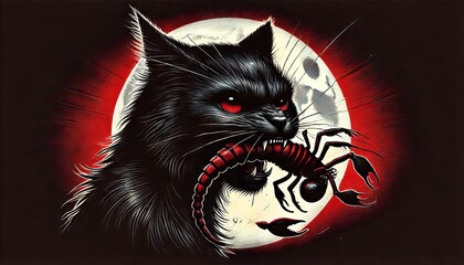 A menacing black cat with a small creature in its mouth, illuminated by moonlight, creating a stark contrast with a red background.
