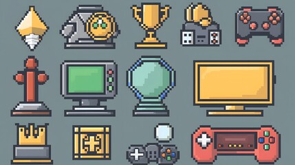 Pixelated 8-bit trophies, game controllers, and game consoles.