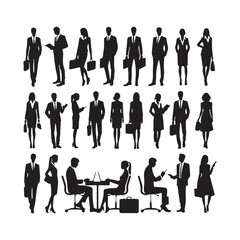 silhouettes of men and a women, a group of business people, black color isolated on white background ,flat line vector and illustration.