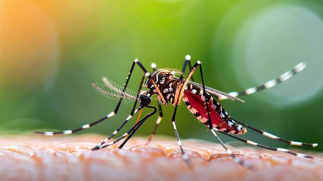 Aedes aegypti mosquito on human skin, close-up, bloodsucking action,